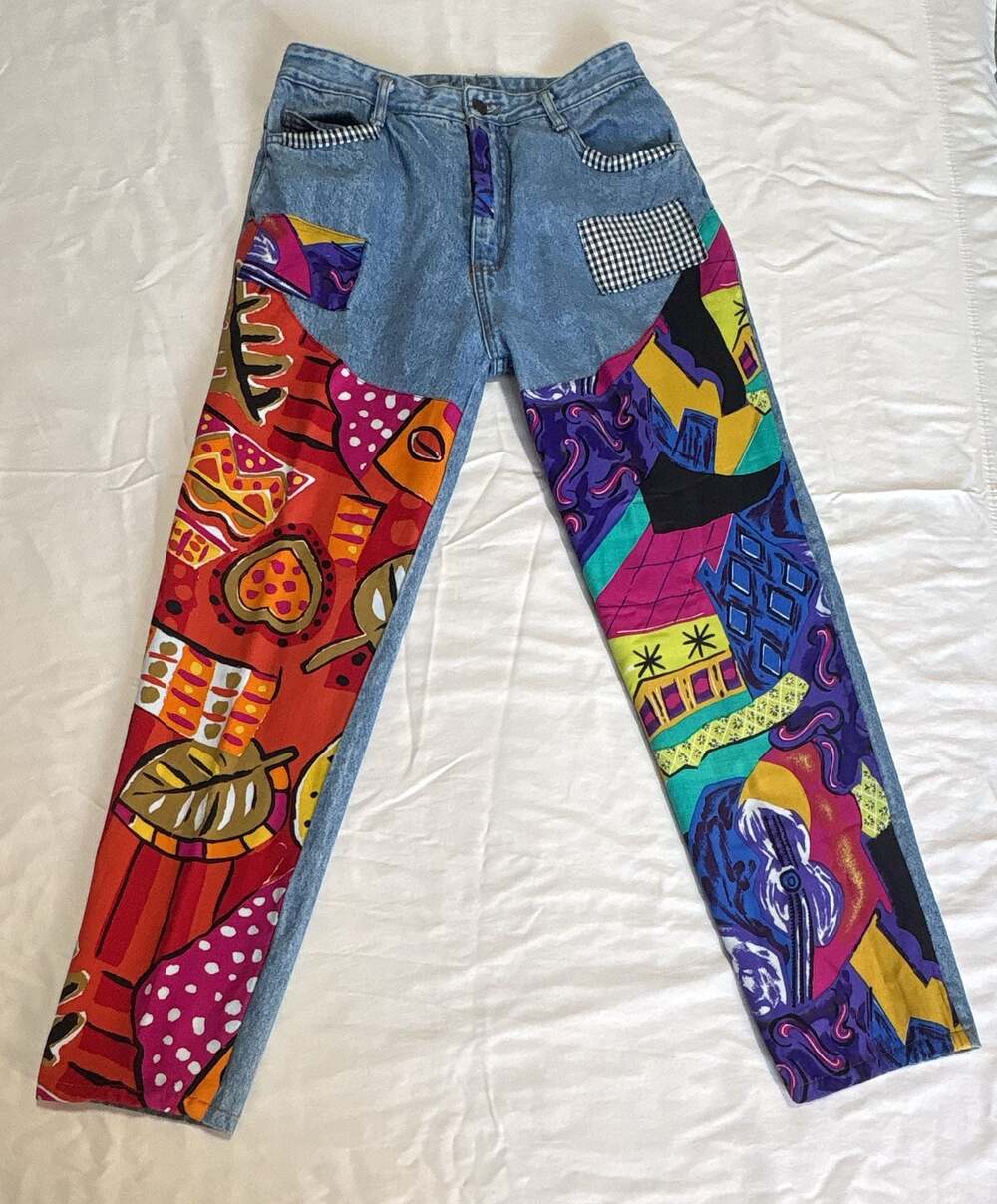 Judy & Kevin Vintage 90s Patchwork Art Print Jeans Size 15 (28” waist)
